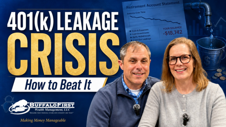 Two financial advisors smiling in front of a blue background with financial graphics, discussing 401(k) leakage.