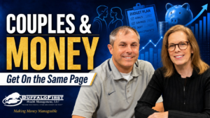 A man and woman sit together, smiling, with text about couples and money management in the background.