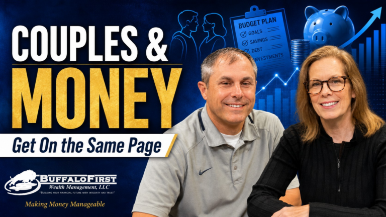A man and woman sit together, smiling, with text about couples and money management in the background.